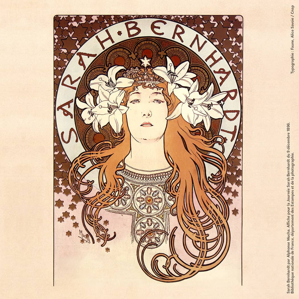 Alkuperäinen ranskalaistyylinen Art Nouveau -inspiroitu taidekuva ja juliste näyttelijä Sarah Bernhardtista, joka on toiminut Amélie Blaise Sarah B -korujen inspiraationa.